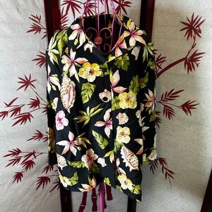 Silkland Woman 100% Silk Boho Tropical Floral Seashell Jacket Black Plus Size 2X